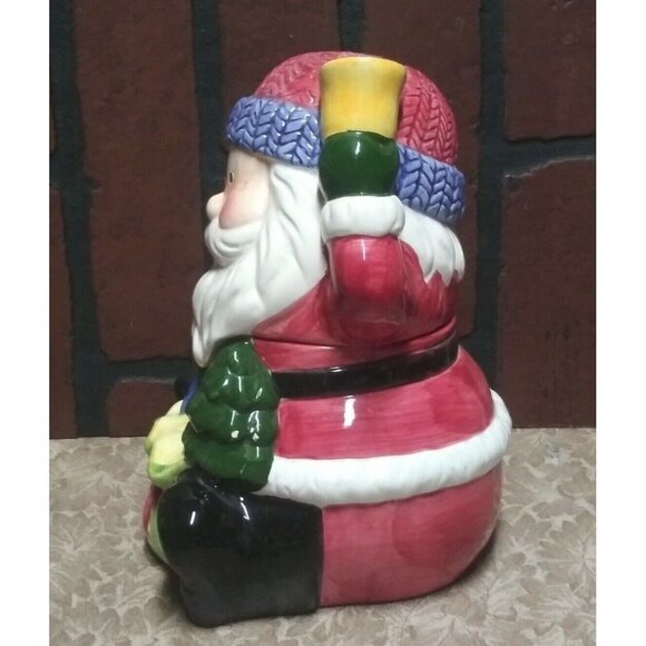 "Santa Claus" cookie jar 9" tall Vintage Santa sitting with gift bag ceramic EUC - Picture 2 of 7